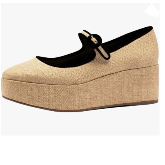 FSJ Flax Beige Platform Mid Heel Mary Jane Round Toe Comfortable Wedge Pump - Picture 1 of 8